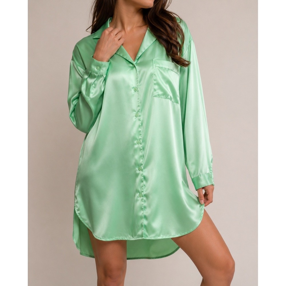 Victoria's Secret Mint Green Satin Sleep Shirt Button Down Pajama Top Large